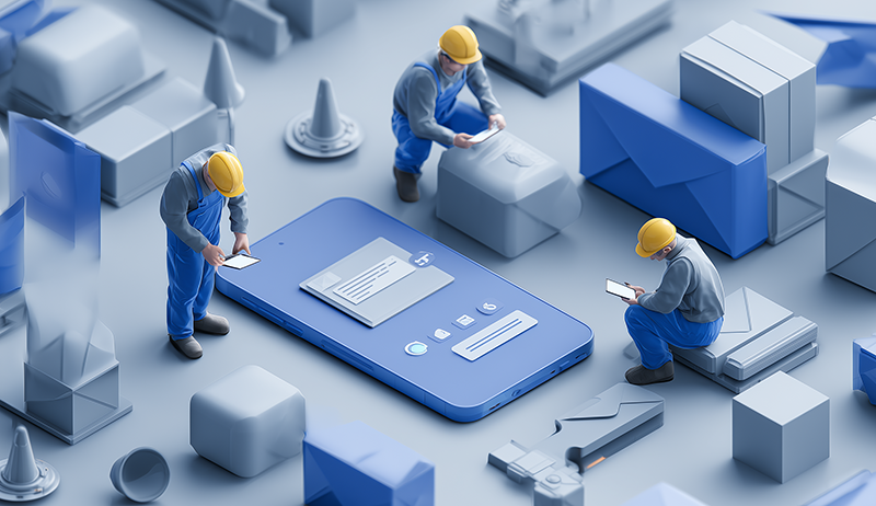 Home image of guys doing paperwork next to a big phone